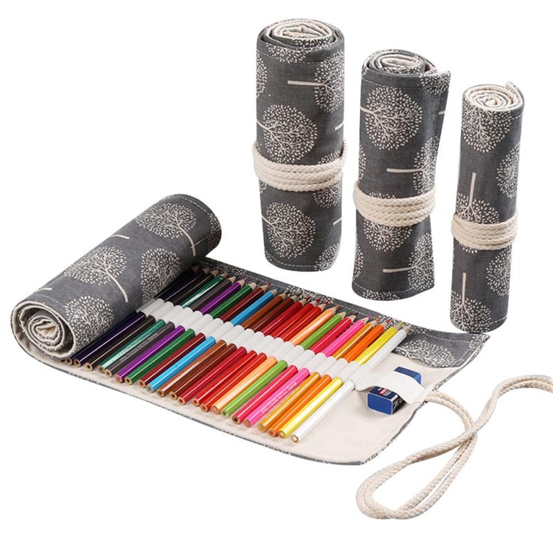 DIYOMR 243672 Slots Pencil Wrap Pencil Rolls Artist Colored Pencils Roll Up Bag Short Brushes Pouch Case Pencils Organizer for Drawing Coloring and Sketching Trees 24slots