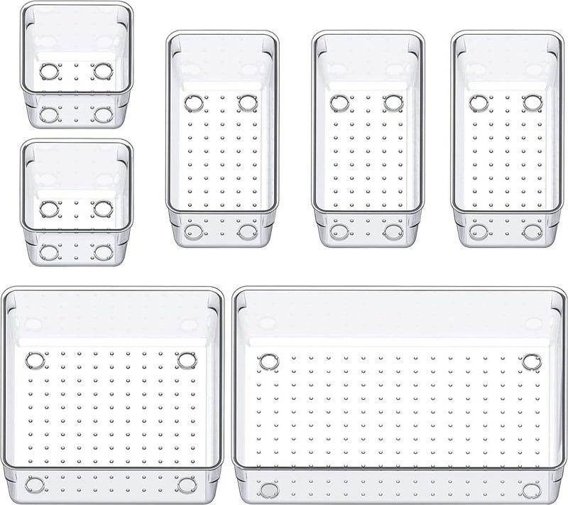Cazlee Transparent Dressing Table OrganizerTray for DrawersOrganizer Trays for KitchenOffice DrawerDrawer Divider TrayWhiteAcrylic Transparent PACK OF 7 - Image 1