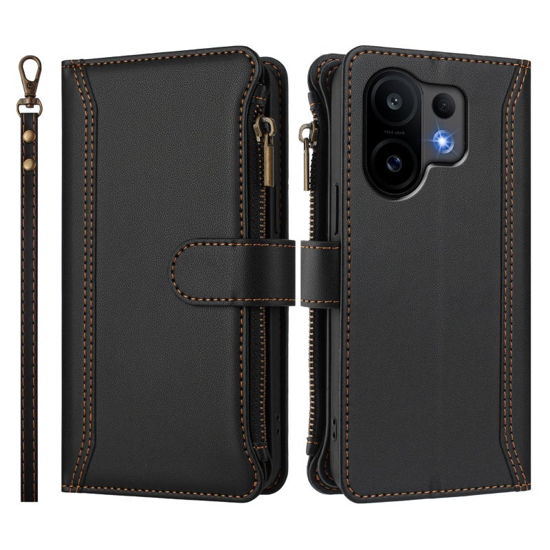 إيروريكس جراب جلدي بسحاب و9 فتحات للبطاقات مع حزام يد لهاتف vivo S30 (أسود) - Image 2