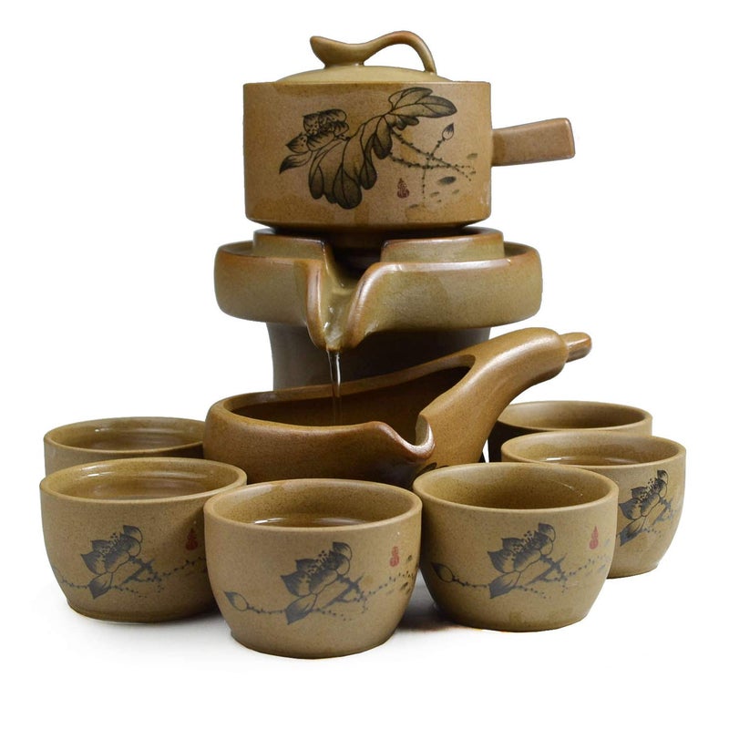 Liang baobao Chinese Gongfu Tea Gift Set Service Automatic StoneMill Design Handmade Ceramics Tea Pot 6 Cups Japanese Kung Fu Tea for Adults Men Women Tea Ceremony Party Home Office Decor lotus 