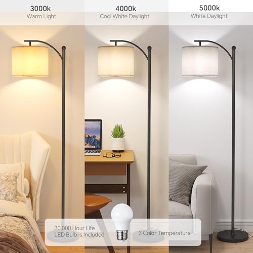 SUNMORY Arc Floor Lamp,Modern Floor Lamp with 3 Color Temperatures Bulb,Metal Standing Lamps with Adjustable Hanging Lampshade,Tall Floor Lamps for Living Room (Black) - Image 2