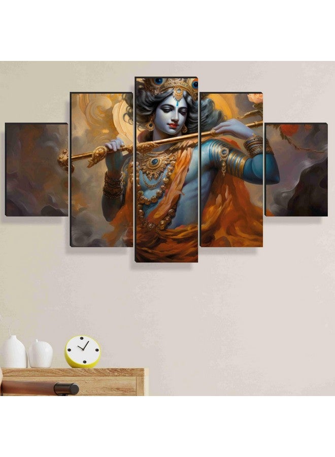 لوحات SAF كريشنا لتزيين الجدران - مجموعة من خمسة، لوحة فنية حديثة ثلاثية الأبعاد لغرفة المعيشة بحجم كبير مع إطارات لتزيين المنزل، الفندق، المكتب 76.2 سم × 45 سم SANFPNLS35473