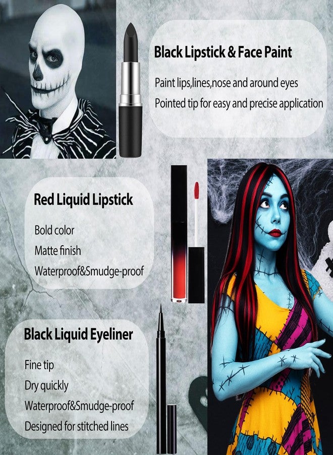 Mysense Skeleton Boy and Ragdoll Girl Makeup Kit for Halloween Jack Cosplay Sally Costume for Adults&Kids with Bald Cap,Pro-Aide Adhesive,Face Paint,Eyeliner,Lipstick&Applicators - Image 5