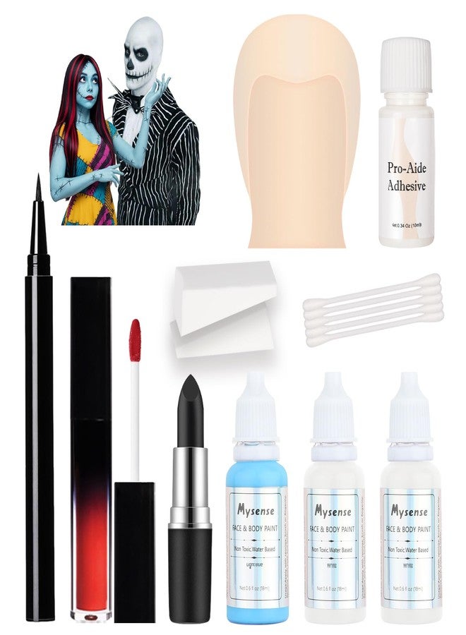 Mysense Skeleton Boy and Ragdoll Girl Makeup Kit for Halloween Jack Cosplay Sally Costume for Adults&Kids with Bald Cap,Pro-Aide Adhesive,Face Paint,Eyeliner,Lipstick&Applicators - Image 1