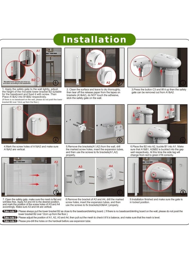 Retractable Baby Gates for Stairs, Mesh Safety Gate 86cm Tall, Extends to 150cm Wide(Need to Punch), Extra Wide Dog Gate, Child Safety Gate 300 * 86cm