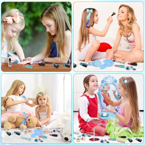 deAO Toddler Vanity Makeup Table Toy with Mirror ChairKids Vanity with LightMusicPretend Play Makeup Toy with Hair Dryer ToyToddler Beauty Salon SetGift for Girls 3 4 5 - Image 5