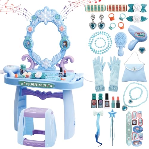 deAO Toddler Vanity Makeup Table Toy with Mirror ChairKids Vanity with LightMusicPretend Play Makeup Toy with Hair Dryer ToyToddler Beauty Salon SetGift for Girls 3 4 5 - Image 1