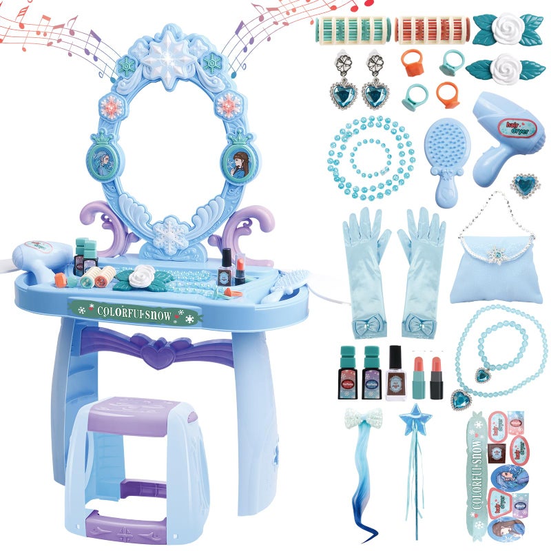 deAO Toddler Vanity Makeup Table Toy with Mirror ChairKids Vanity with LightMusicPretend Play Makeup Toy with Hair Dryer ToyToddler Beauty Salon SetGift for Girls 3 4 5 - Image 3