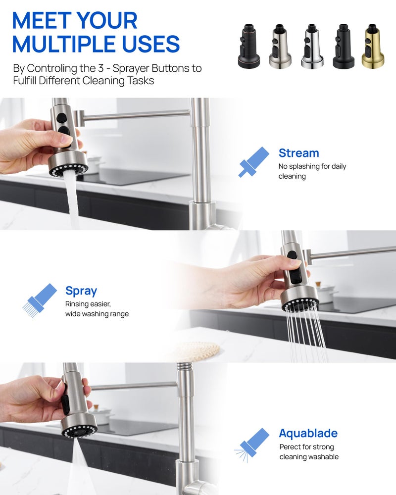 J-HVA Pull Down Kitchen Faucet Sprayer Head Replacement Part, 3 Function Pull Out Sink Sprayer Replacement Nozzle with 15 Adapters, Kitchen Faucet Head Hose Spray Tap Spout, Brushed Nickel - Image 4