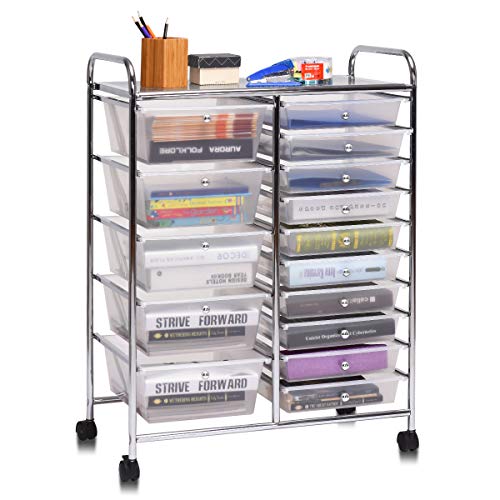 Giantex 15 Drawer Rolling Storage Cart Tools Scrapbook Paper Office School Organizer Clear