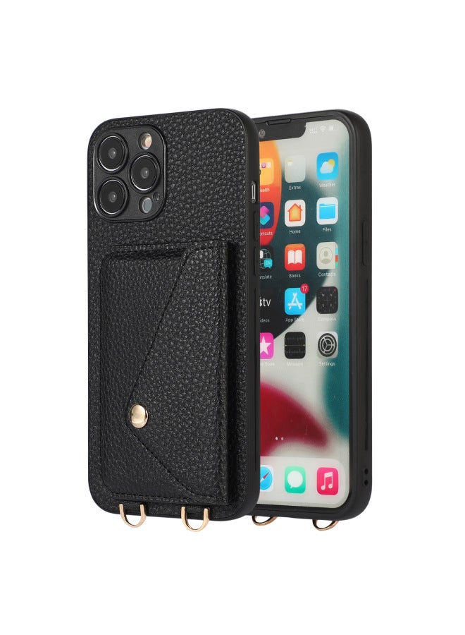 For IPhone16ProMax Card Phone Case Apple 11/12/13 Back Cover Slung Shoulder Strap Protective Leather Case-Color:403 Rose Gold + Leather Rope-Applicable Model:iPhone13