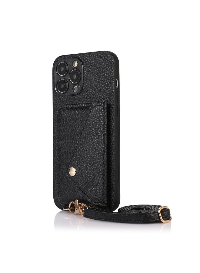 For IPhone16ProMax Card Phone Case Apple 11/12/13 Back Cover Slung Shoulder Strap Protective Leather Case-Color:403 Rose Gold + Leather Rope-Applicable Model:iPhone13