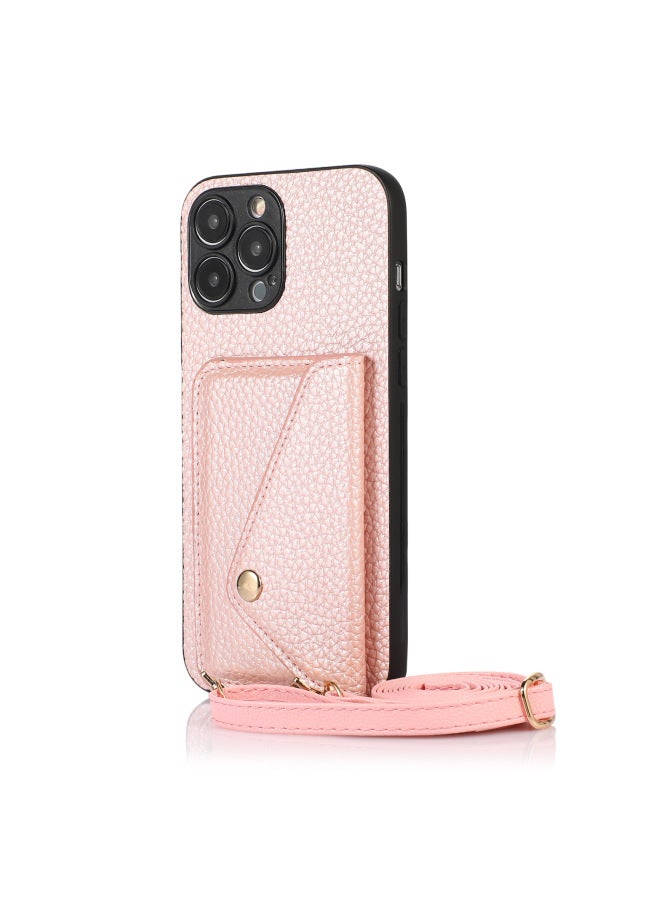 For IPhone16ProMax Card Phone Case Apple 11/12/13 Back Cover Slung Shoulder Strap Protective Leather Case-Color:403 Rose Gold + Leather Rope-Applicable Model:iPhone13