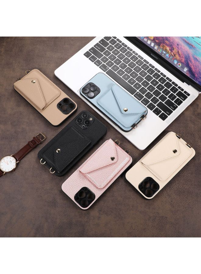 For IPhone16ProMax Card Phone Case Apple 11/12/13 Back Cover Slung Shoulder Strap Protective Leather Case-Color:403 Rose Gold + Leather Rope-Applicable Model:iPhone13