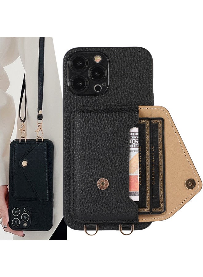 For IPhone16ProMax Card Phone Case Apple 11/12/13 Back Cover Slung Shoulder Strap Protective Leather Case-Color:403 Rose Gold + Leather Rope-Applicable Model:iPhone13