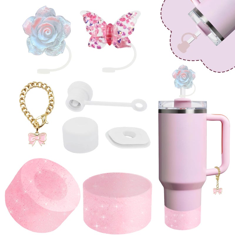vikgle Stanley Cup Accessories Set,Including 2 Pcs 0.4in Straw Cover, 1 Silicone Spill-Proof Stopper Set of 3, 1 Cute Maple Handle Charm, 1 Silicone Boot Fits Stanley 40&30 Oz Tumbler (Peony 2.0) - Image 1