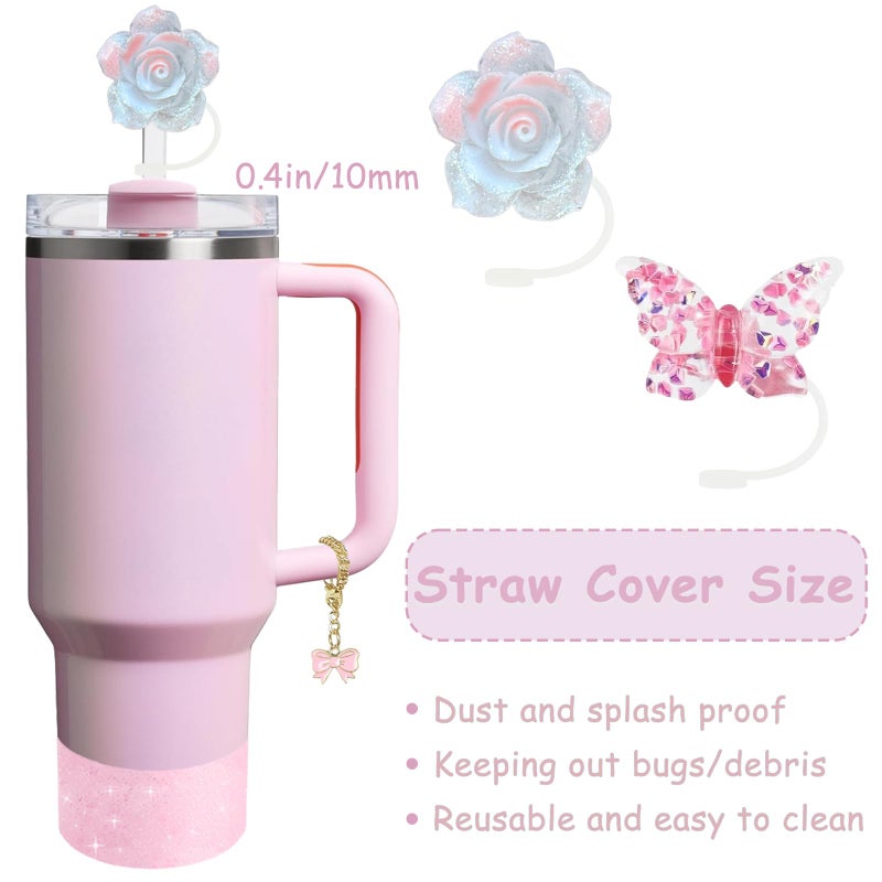 vikgle Stanley Cup Accessories Set,Including 2 Pcs 0.4in Straw Cover, 1 Silicone Spill-Proof Stopper Set of 3, 1 Cute Maple Handle Charm, 1 Silicone Boot Fits Stanley 40&30 Oz Tumbler (Peony 2.0) - Image 2