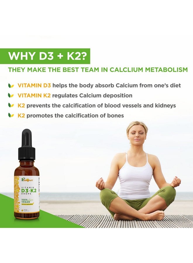 Vegan Liquid Drops Vitamin D3 K2 (Mk7) 100% Plant Based Liquid Vitamin D Enhanced With Coconut Oil For Max Absorption 1 Serving = 1000 Iu Vit D3 And 200 Mcg Vit K2