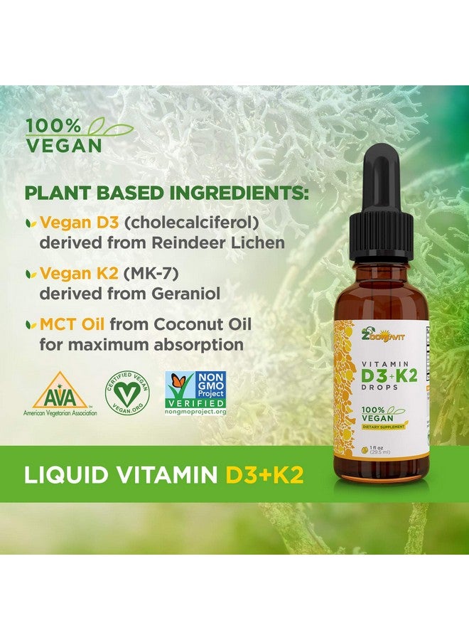 Vegan Liquid Drops Vitamin D3 K2 (Mk7) 100% Plant Based Liquid Vitamin D Enhanced With Coconut Oil For Max Absorption 1 Serving = 1000 Iu Vit D3 And 200 Mcg Vit K2