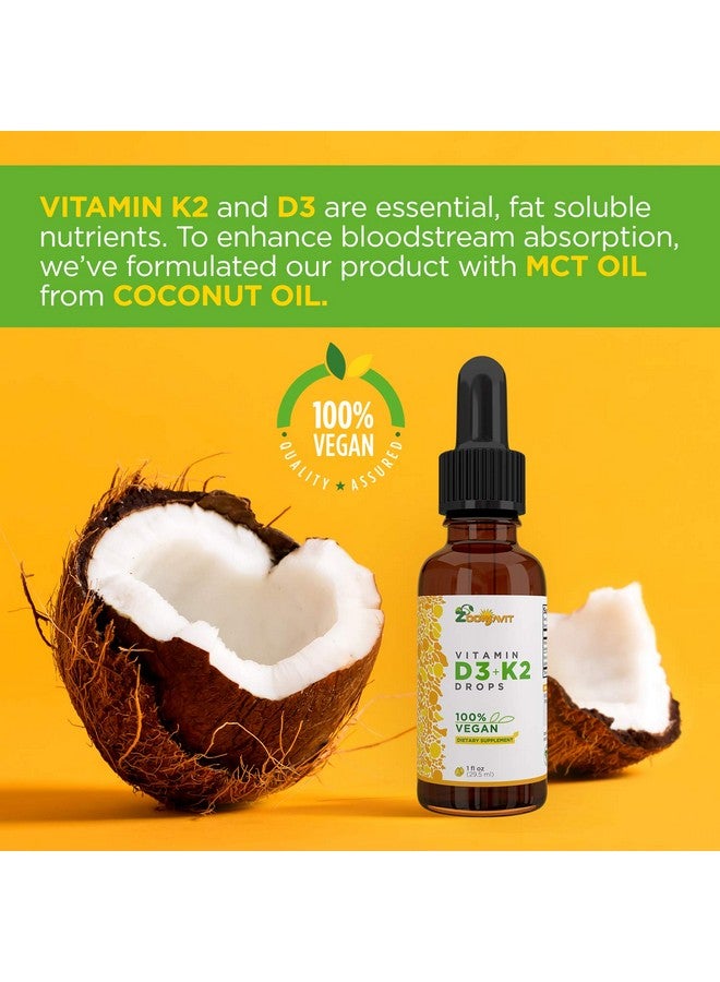 Vegan Liquid Drops Vitamin D3 K2 (Mk7) 100% Plant Based Liquid Vitamin D Enhanced With Coconut Oil For Max Absorption 1 Serving = 1000 Iu Vit D3 And 200 Mcg Vit K2