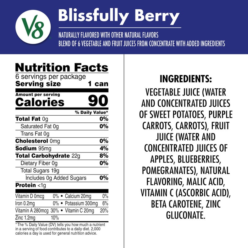 V8 Blissfully Berry 100% Fruit and Vegetable Juice, 8 fl oz Can (6 Pack) - Image 5