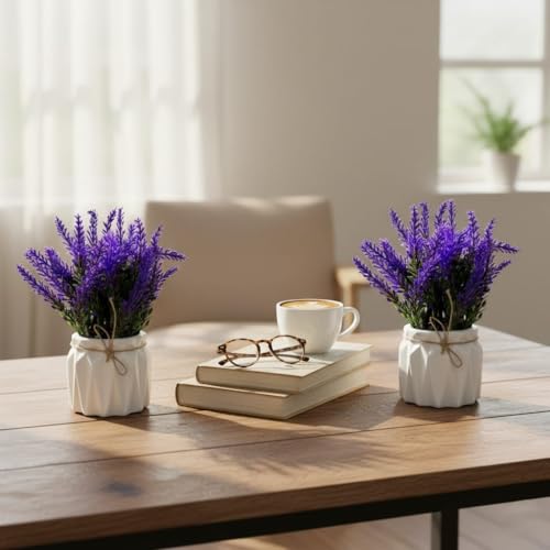 Dekorly Artificial Lavender Plant in White Pot, 18cm – Realistic Faux Flower Arrangement for Home & Office Décor (Set of 1) (2, White Color Pot) - Image 2