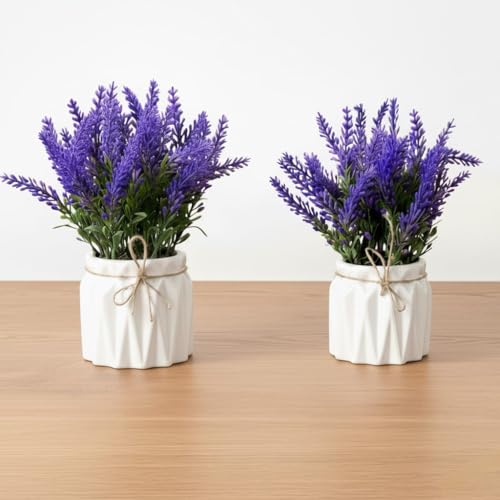 Dekorly Artificial Lavender Plant in White Pot, 18cm – Realistic Faux Flower Arrangement for Home & Office Décor (Set of 1) (2, White Color Pot) - Image 1