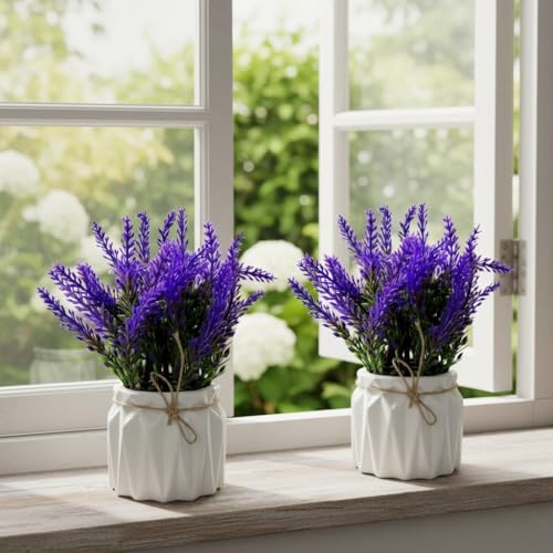 Dekorly Artificial Lavender Plant in White Pot, 18cm – Realistic Faux Flower Arrangement for Home & Office Décor (Set of 1) (2, White Color Pot) - Image 4