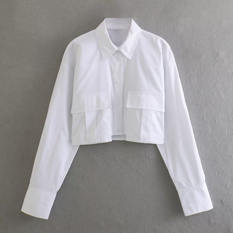 24 Spring New Women'S Clothing Style Fashion Casual Lapel Street Pocket Decorative Long Sleeve Short Shirt - Image 3