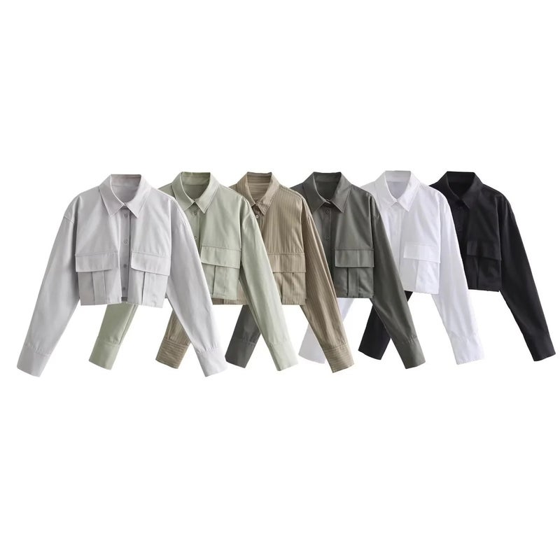 24 Spring New Women'S Clothing Style Fashion Casual Lapel Street Pocket Decorative Long Sleeve Short Shirt - Image 2