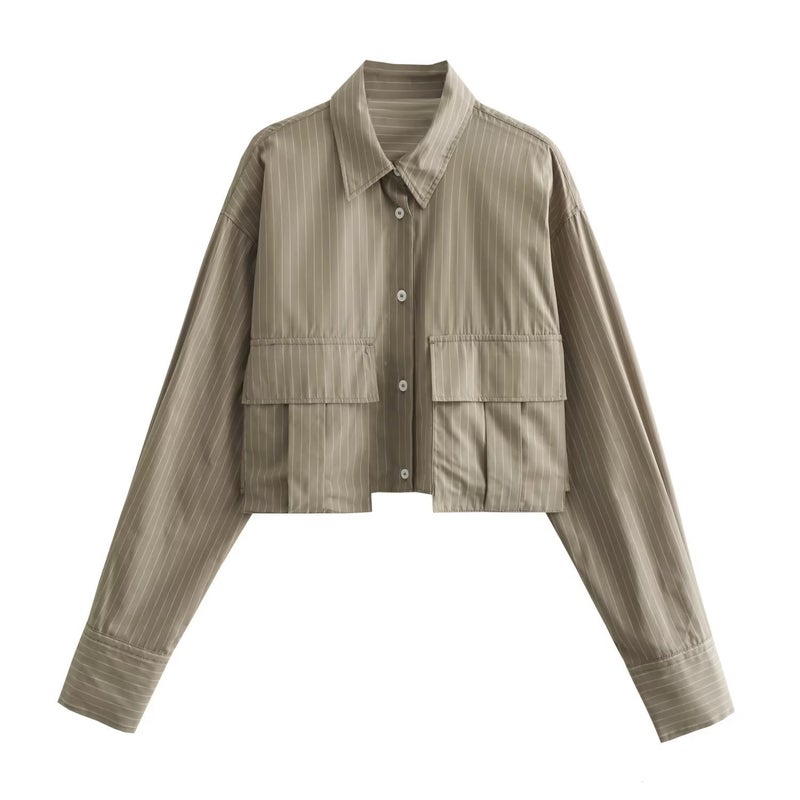 24 Spring New Women'S Clothing Style Fashion Casual Lapel Street Pocket Decorative Long Sleeve Short Shirt - Image 1