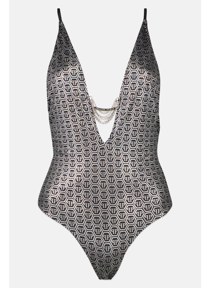 PHILIPP PLEIN Women Allover Print Non Padded One Piece Swimwear, Silver  - Image 1