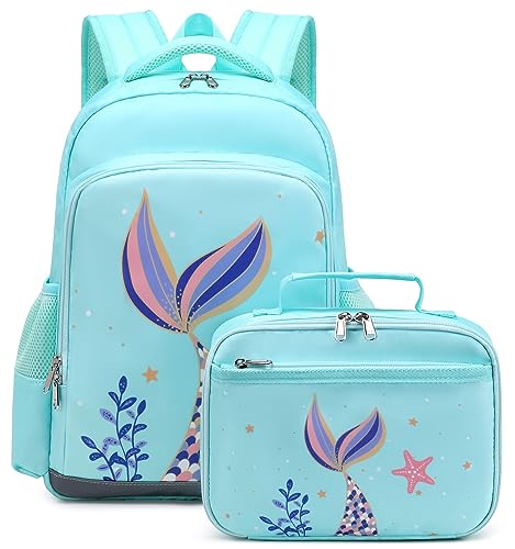 JIANYA Girls Backpack for School Mermaid School Bags Kindergarten Kids Backpacks with Lunch Box & Chest Strap, Light Blue - Image 1