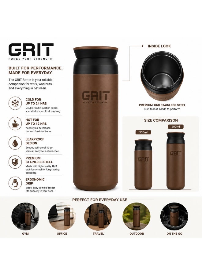 GRIT Insulated Flask Bottle 500ml - Hot & Cold Stainless Steel Flask - Modern Compact Design, Comfortable Grip & Leakproof Lid - Coffee Stainless Steel Flask - Image 3