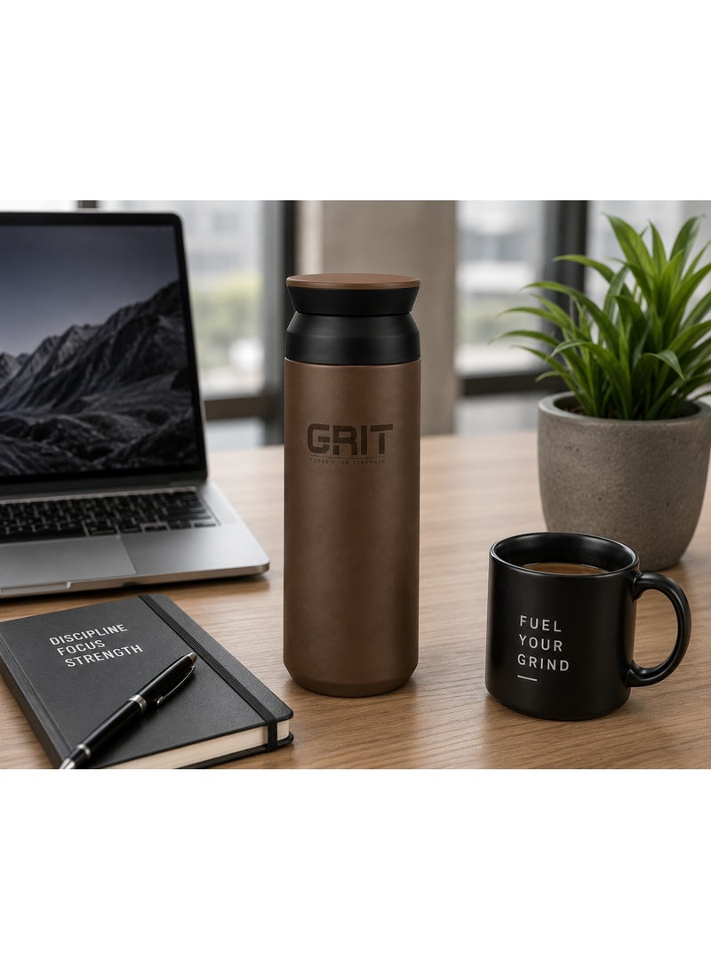 GRIT Insulated Flask Bottle 500ml - Hot & Cold Stainless Steel Flask - Modern Compact Design, Comfortable Grip & Leakproof Lid - Coffee Stainless Steel Flask - Image 4