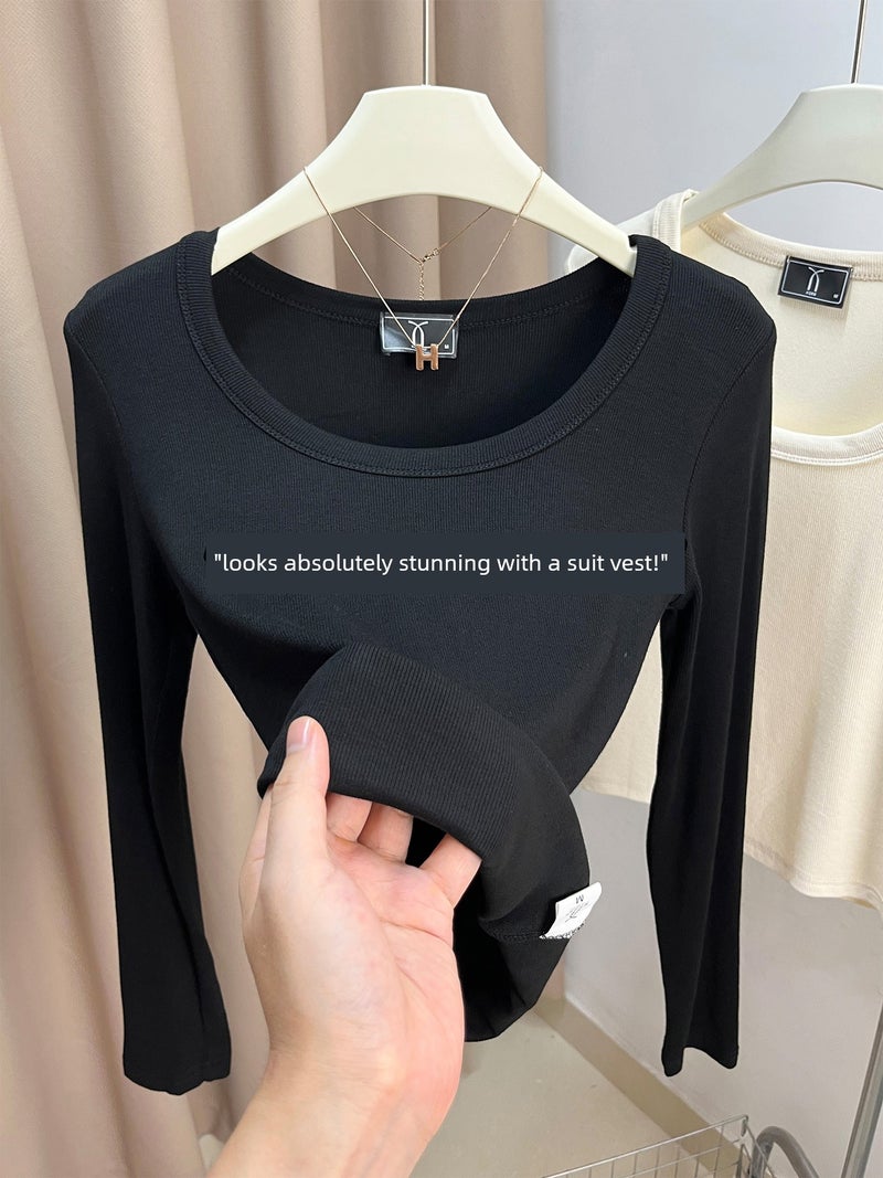 Flower gray long-sleeved large U-neck base shirt, girls' low-neck top, basic versatile solid color thread simple inner wear t-shirt - Image 1