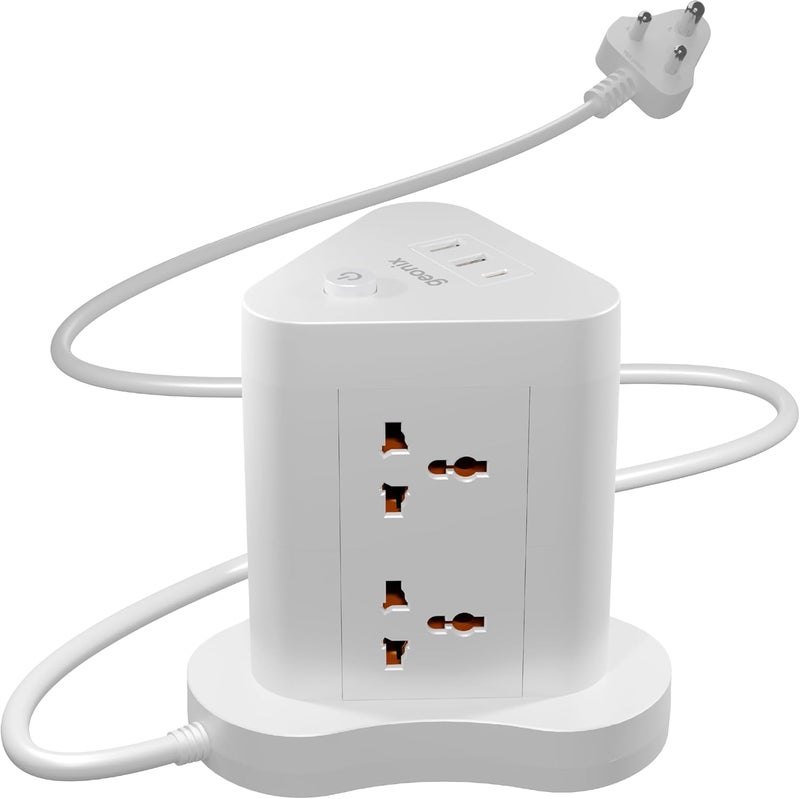 GEONIX PowerSpan Fort | Extension Board/Strip, 2500 Watts, 10 Amps, 1x Type C Port, 6X Universal Socket, 2X USB Port, LED Indicator, On/Off Switch, 5mtr Long Pure Copper Cable (White) - Image 1