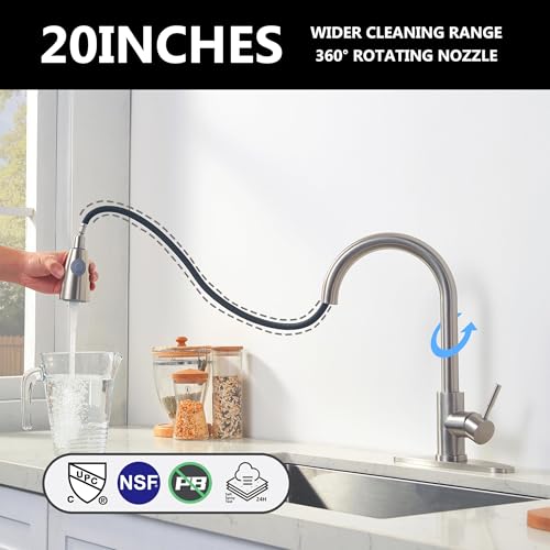 Comllen Kitchen Faucet with Pull Down Sprayers, Brushed Nickel Kitchen Faucets, Modern Pull Out Stainless Steel Kitchen Sink Faucet Single Handle Faucet Swivel Spout with Deck Plate - Image 3