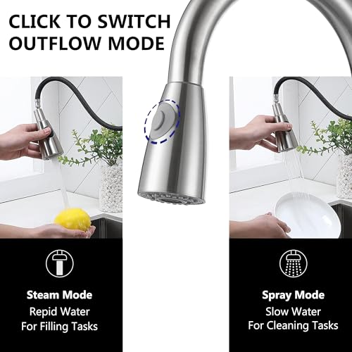 Comllen Kitchen Faucet with Pull Down Sprayers, Brushed Nickel Kitchen Faucets, Modern Pull Out Stainless Steel Kitchen Sink Faucet Single Handle Faucet Swivel Spout with Deck Plate - Image 4