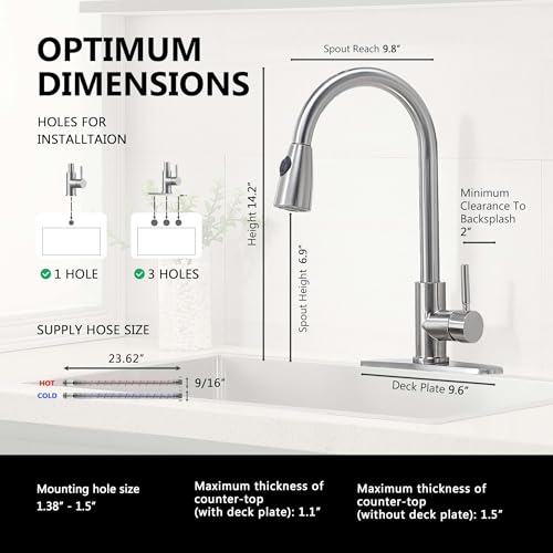 Comllen Kitchen Faucet with Pull Down Sprayers, Brushed Nickel Kitchen Faucets, Modern Pull Out Stainless Steel Kitchen Sink Faucet Single Handle Faucet Swivel Spout with Deck Plate - Image 2