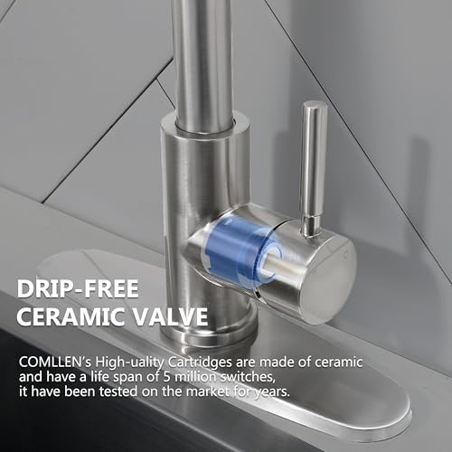 Comllen Kitchen Faucet with Pull Down Sprayers, Brushed Nickel Kitchen Faucets, Modern Pull Out Stainless Steel Kitchen Sink Faucet Single Handle Faucet Swivel Spout with Deck Plate - Image 5