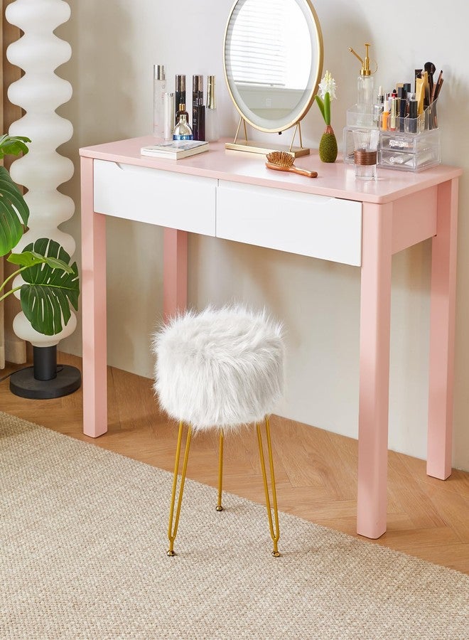 IBUYKE Faux Fur Vanity Stool Chair, Furry Makeup Stool Ottoman, Soft Padded Seat, Round Footrest Footstools with 4 Metal Legs, for Living Room Bedroom Entryway, White LG-32W - Image 3