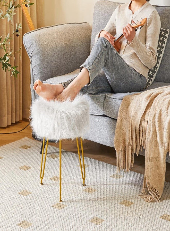 IBUYKE Faux Fur Vanity Stool Chair, Furry Makeup Stool Ottoman, Soft Padded Seat, Round Footrest Footstools with 4 Metal Legs, for Living Room Bedroom Entryway, White LG-32W - Image 4
