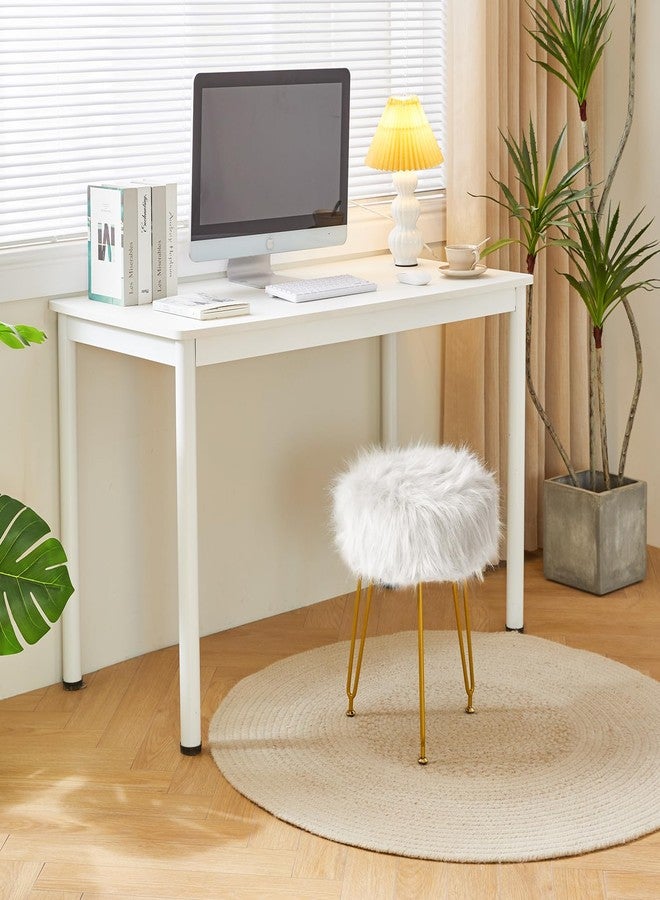 IBUYKE Faux Fur Vanity Stool Chair, Furry Makeup Stool Ottoman, Soft Padded Seat, Round Footrest Footstools with 4 Metal Legs, for Living Room Bedroom Entryway, White LG-32W - Image 2