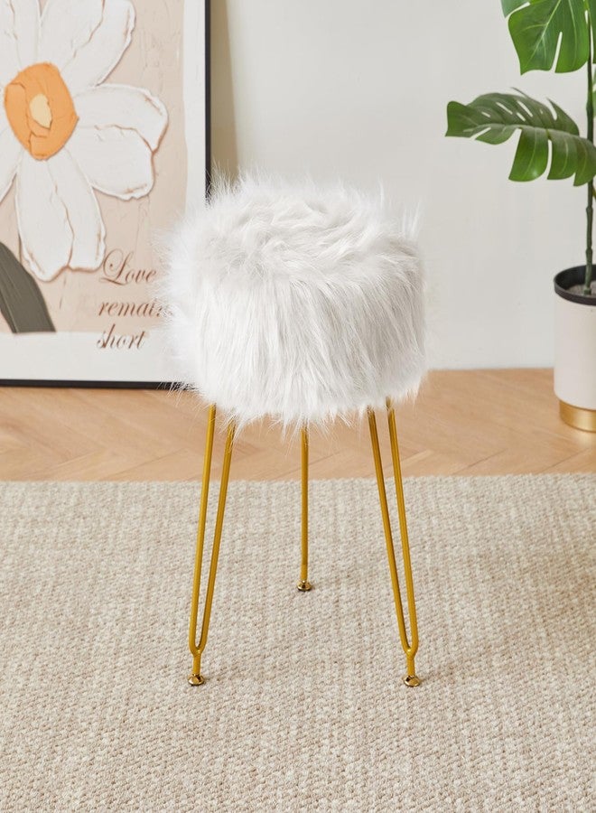 IBUYKE Faux Fur Vanity Stool Chair, Furry Makeup Stool Ottoman, Soft Padded Seat, Round Footrest Footstools with 4 Metal Legs, for Living Room Bedroom Entryway, White LG-32W - Image 1