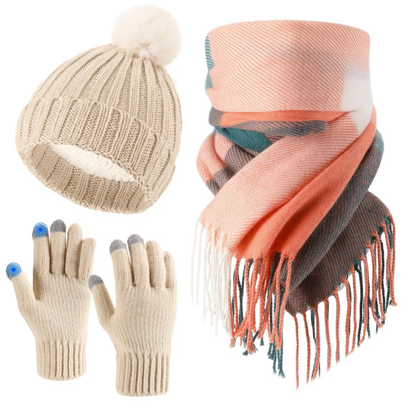 Yearntown 3 Pieces Winter Beanie Scarf Gloves Set for Women Fleece Knit Pom Pom Hat Neck Warmer Touchscreen Gloves 3 in 1 Set - Image 1