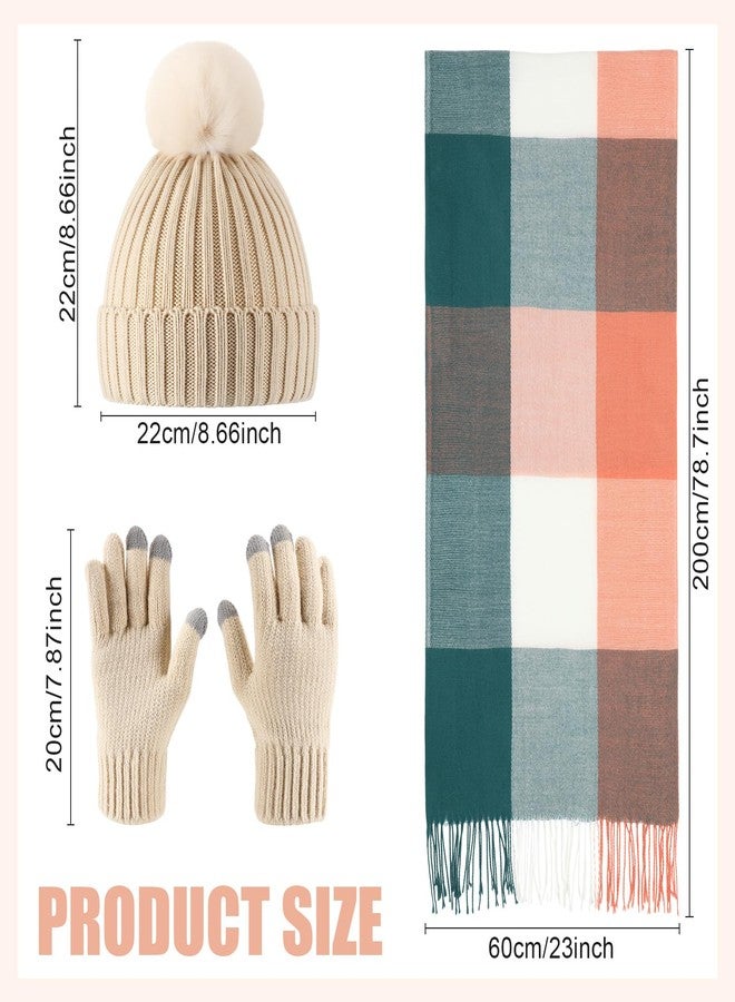 Yearntown 3 Pieces Winter Beanie Scarf Gloves Set for Women Fleece Knit Pom Pom Hat Neck Warmer Touchscreen Gloves 3 in 1 Set - Image 2