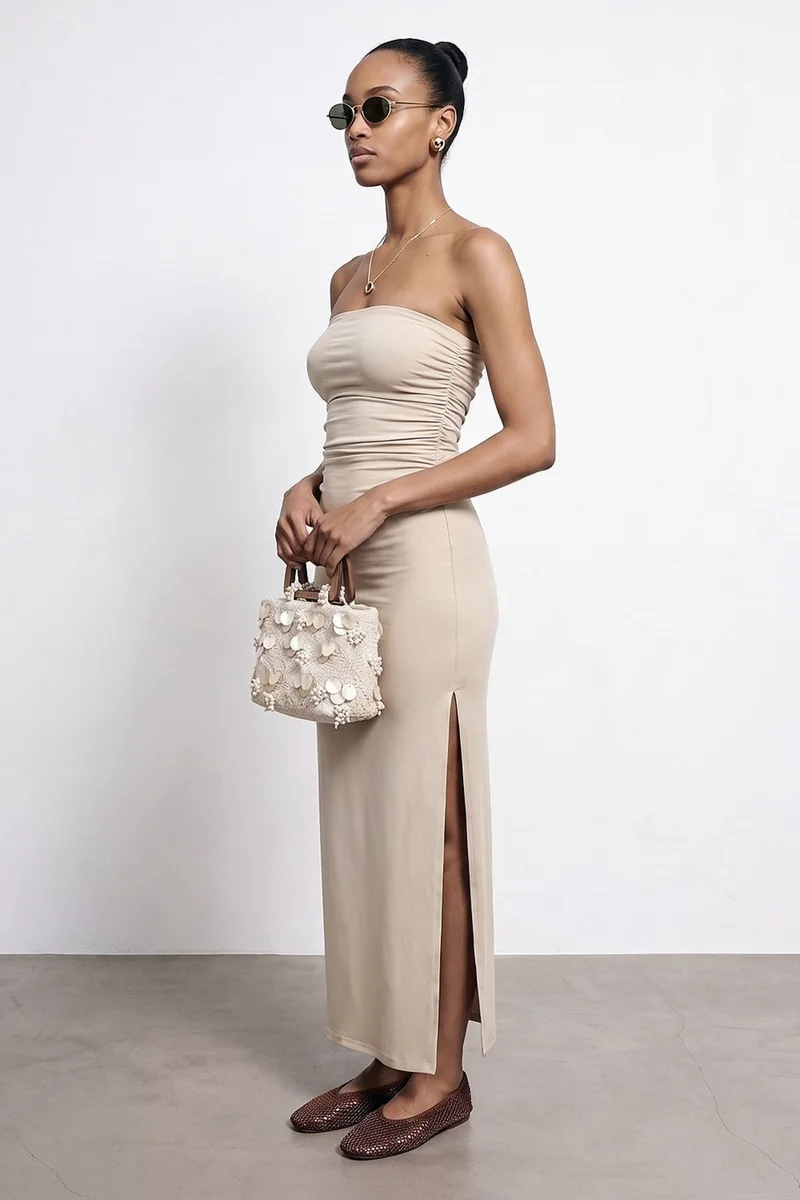 Dilvin Beige Natural DILVIN Strapless Bodycon Maxi Dress With Slit for Women | Best Price UAE