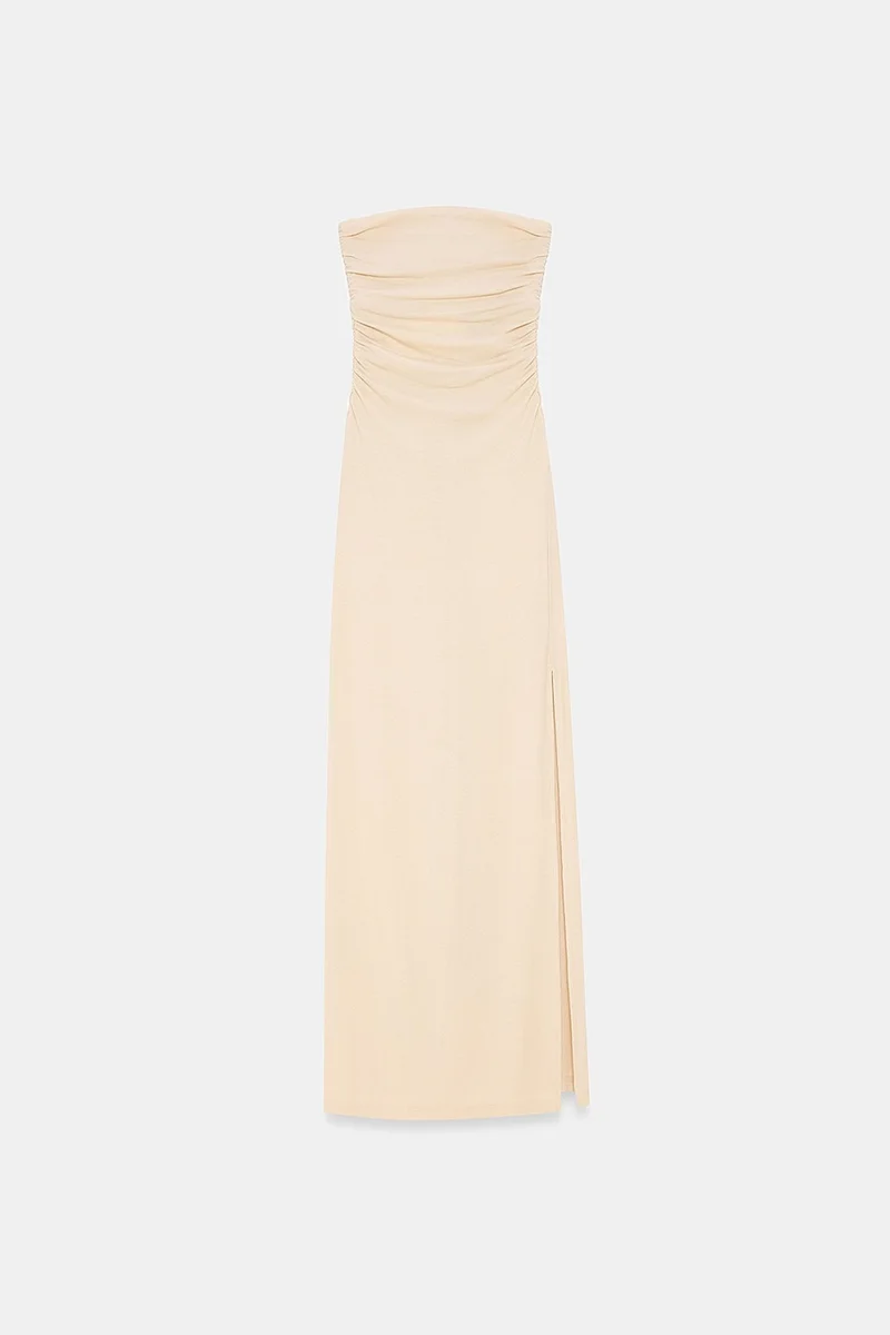 Dilvin Beige Natural DILVIN Strapless Bodycon Maxi Dress With Slit for Women | Best Price UAE