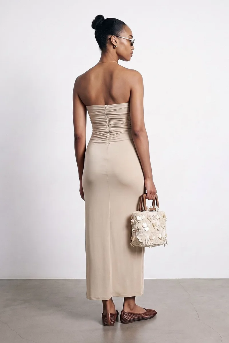 Dilvin Beige Natural DILVIN Strapless Bodycon Maxi Dress With Slit for Women | Best Price UAE